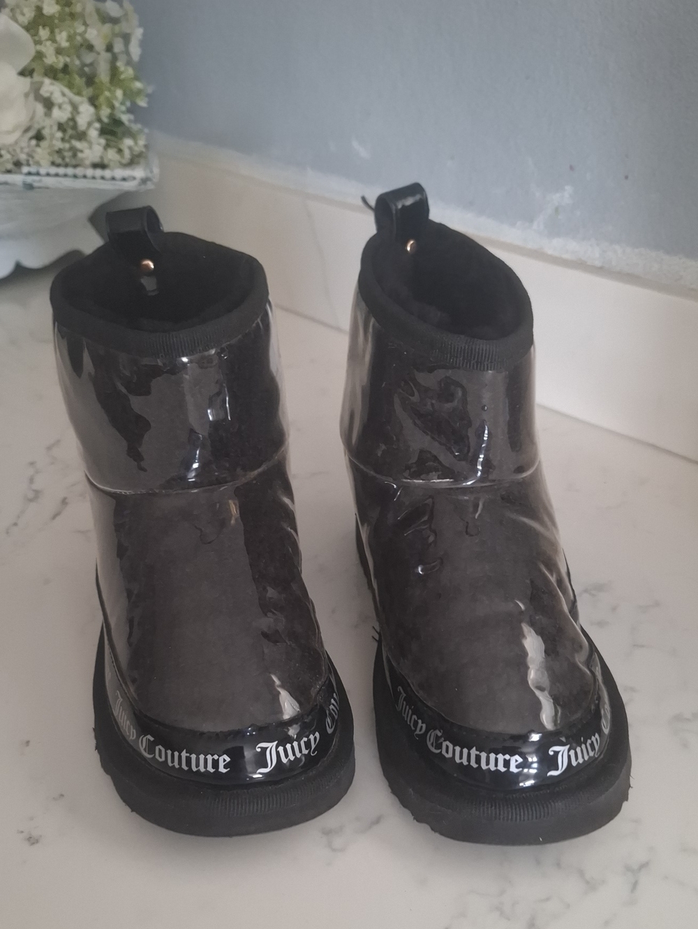 Juicy Couture Black Patent Kids Ankle Boots with Logo Trim